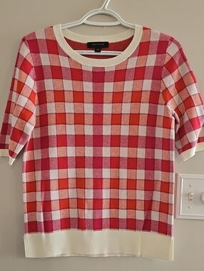 Ann Taylor Pink and Red Check Short Sleeve Knit Top